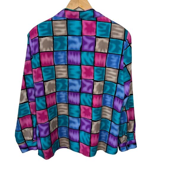Vintage Jewel Tone Blouse Womens XL Stain Glass Print Artsy Vibrant Notations - Picture 3 of 6